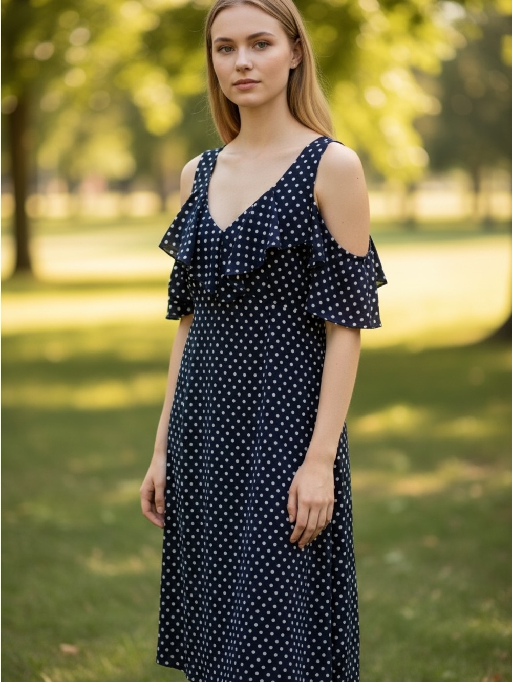 Navy Polka Dot Cold-Shoulder Midi Dress